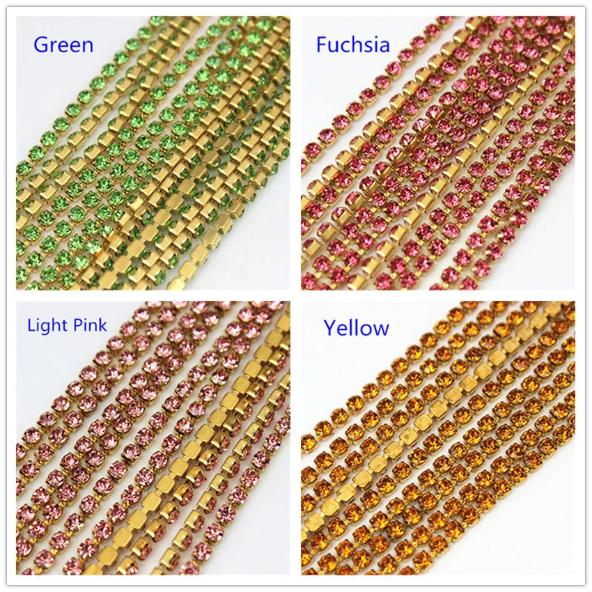 2mm 2.5mm 2.8mm 3mm 2Yard Colorful Sew on Crystal Rhinestone Cup Chain Gold Based Claw for Party Dinner Dress Accessories 8Y1200