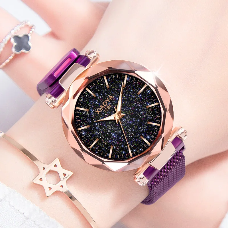 Часы женские кварцевые с магнитной застежкой рисунком звездного неба розовое