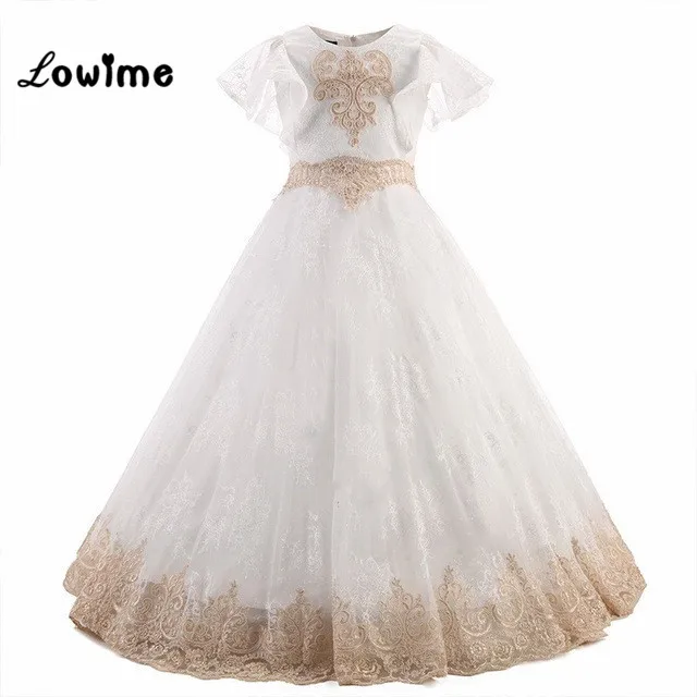 

Flower Girl Dresses Beautiful Girls Pageant Dresses With Short Sleeves Lace Applique Long Prom Dresses For Little Girls