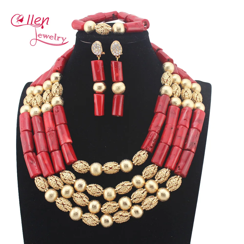 

New Red Coral Beads African Nigerian Wedding Jewelry Sets Silver Plated Costume Indian Bridal Necklace Set Free Shipping W14042
