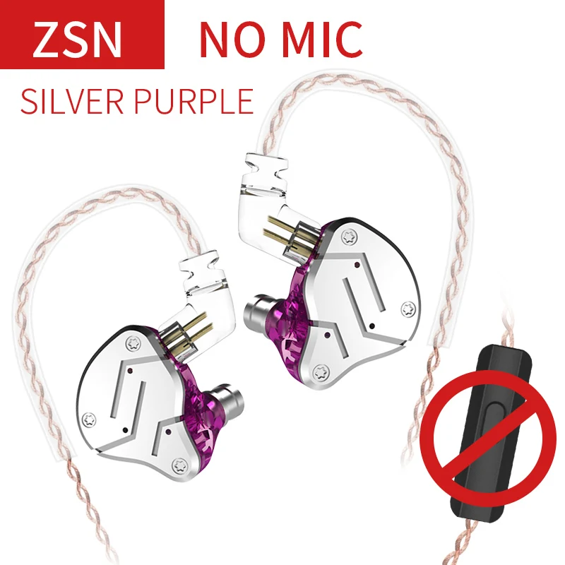 Purple without mic KZ ZSN 1BA+ 1DD гибридные наушники-вкладыши Hi-Fi Monito спортивные наушники для бега DJ гарнитура вкладыши съемный Отсоединяемый 2Pin кабель KZ BA10 - Цвет: Purple without mic