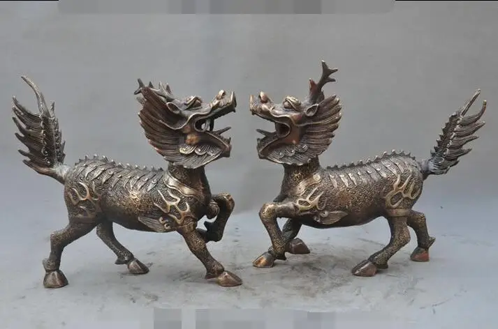 Старый Китайский Фэншуй Бронзовый злой духи зверь Кирин Килин статуя единорога