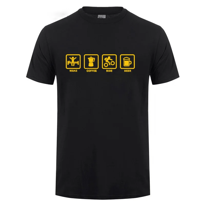 Wake Coffee Ride Beer Bicycle T-Shirt Funny Birthday Gift For Men Dad Father Husband Summer Short Sleeve O Neck Cotton T Shirt | Мужская