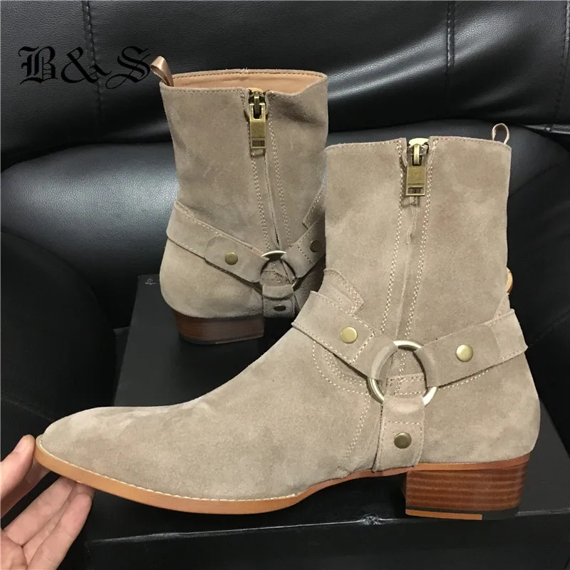 Мужские замшевые ботинки ручной работы бежевые высокие из натуральной кожи на