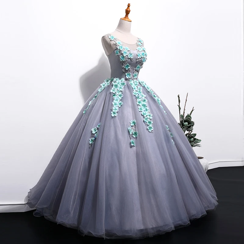 Реальное изображение Quinceanera платье Серый бальное платье для выпускного вечера без рукавов из тюля с аппликацией цветы бинты