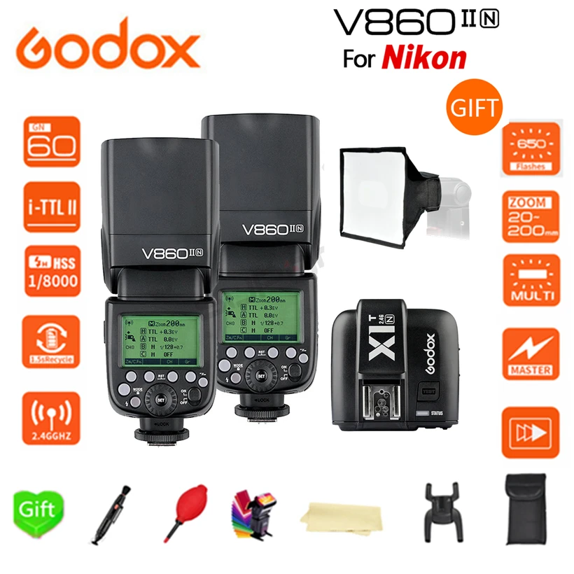 Paypal Accpect 2 * V860II N Godox Вспышка Speedlite GN60 i ttl вспышка для фотокамер HSS 1/8000s + X1T триггер Nikon