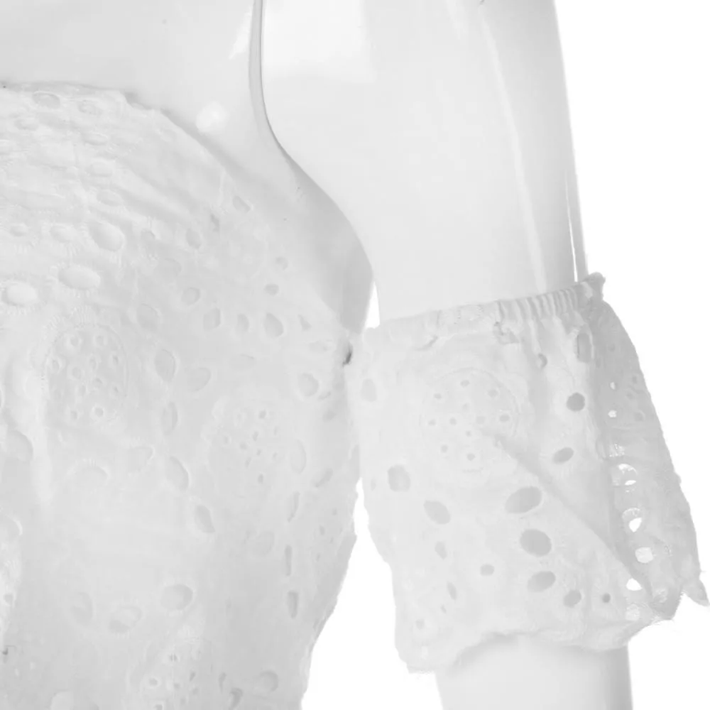 Женская кружевная блузка с открытыми плечами летний облегающий укороченный топ