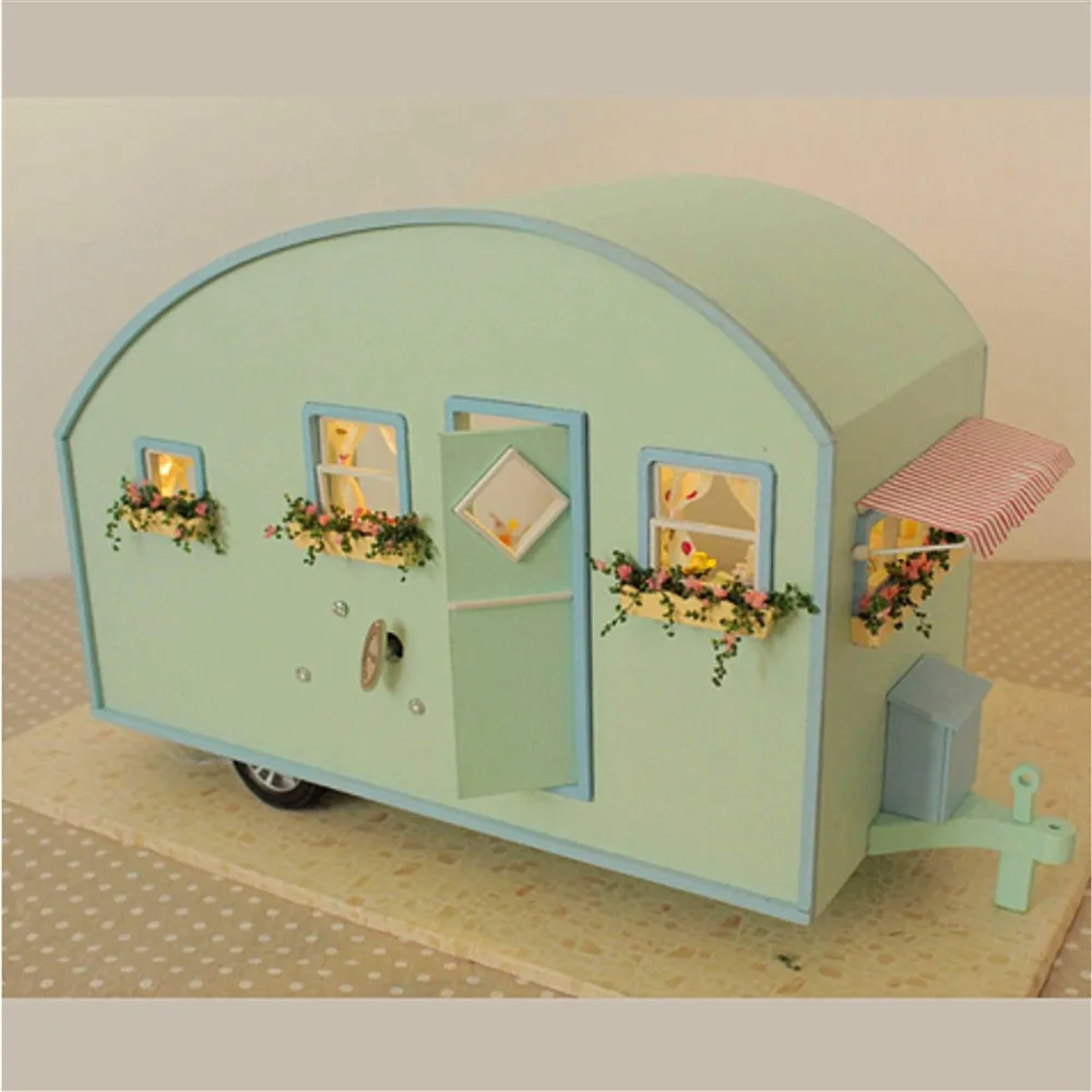 JIMITU Cuteroom DIY деревянный кукольный домик Миниатюрный комплект для кукольного дома светодиодный+ музыка+ Голосовое управление комплекты ручной работы туристический фургон для девочек