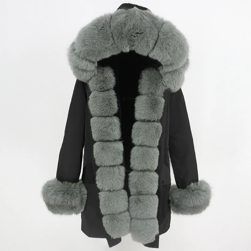 black lining Водонепроницаемая Женская парка, зимняя куртка, Женское пальто из натурального меха, Воротник из натурального Лисьего меха, капюшон, Толстая теплая Съемная уличная одежда, роскошная Новинка - Цвет: black lining