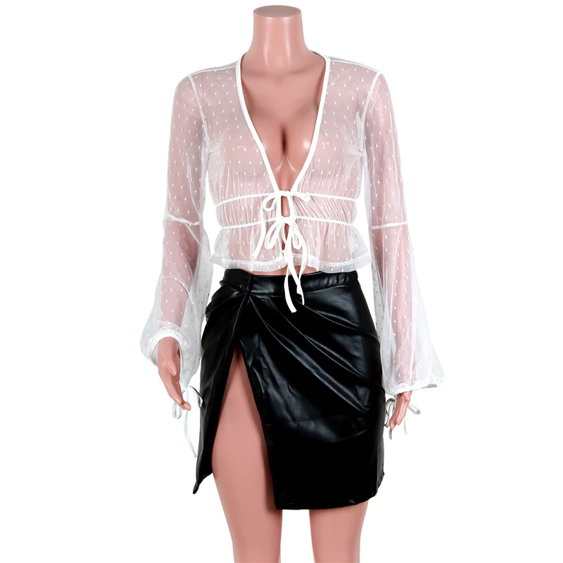 

2020 New seaside holiday T-Shirt dot mesh perspective Lace strap Top Summer Women Slim V-neck Long-sleeved Tops W013