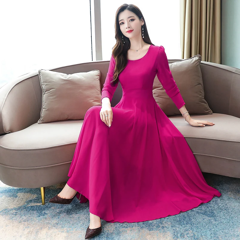 

2019 Autumn New Arrival Elegant Round Collar Long Sleeve Solid Colar Woman Long Chiffon Maxi Dress Plus Size M-3XL