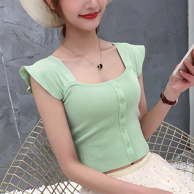 2019 Летний Новый вязать камзол женский джемпер Круглый воротник короткая заметка