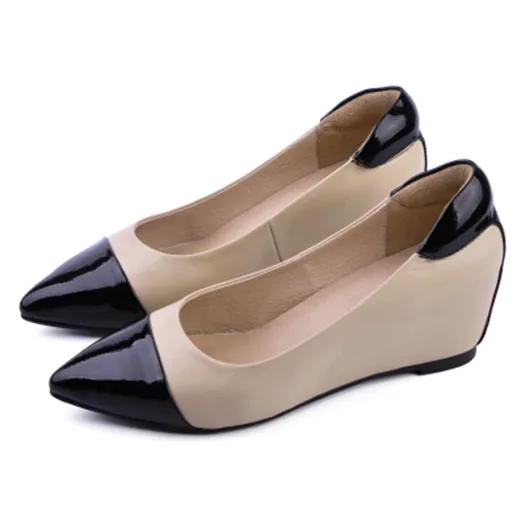 Телесный Высокие каблуки клин элегантный Указательный палец мода Настоящая кожа высокое качество Размер 4 34 33 насосы Офисные обувь женская туфли на танкетке черный новая Китай китайская Весна осень - Цвет: Телесный