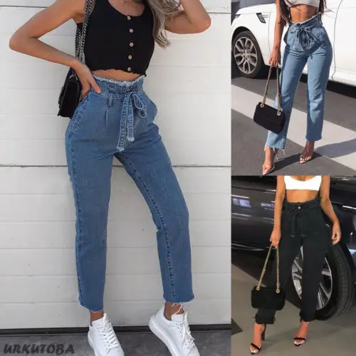 2019 модные женские джинсы с высокой талией синие и черные со шнуровкой эластичная