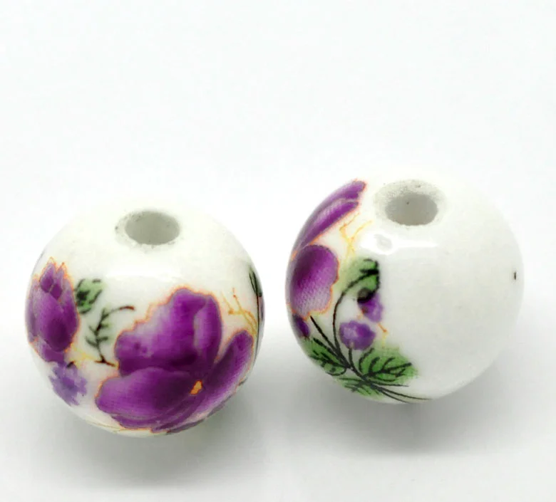 DoreenBeads 30 шт фиолетовый цветочный узор круглые керамические бусины 12 мм (4/8 &quot)