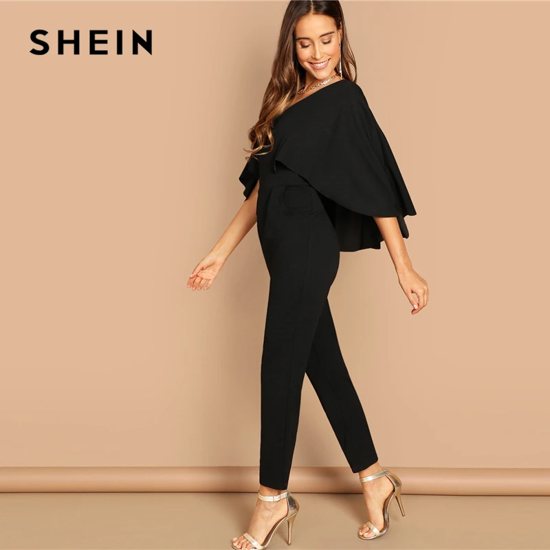 SHEIN Однотонный Комбинезон-Пончо С V-Образным Вырезом Женский Черный Осенний Элегантный Комбинезон С Высокой Талией