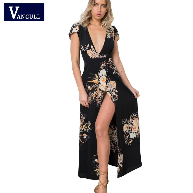 Женское длинное платье с глубоким v образным вырезом Boho Пляжное Платье макси