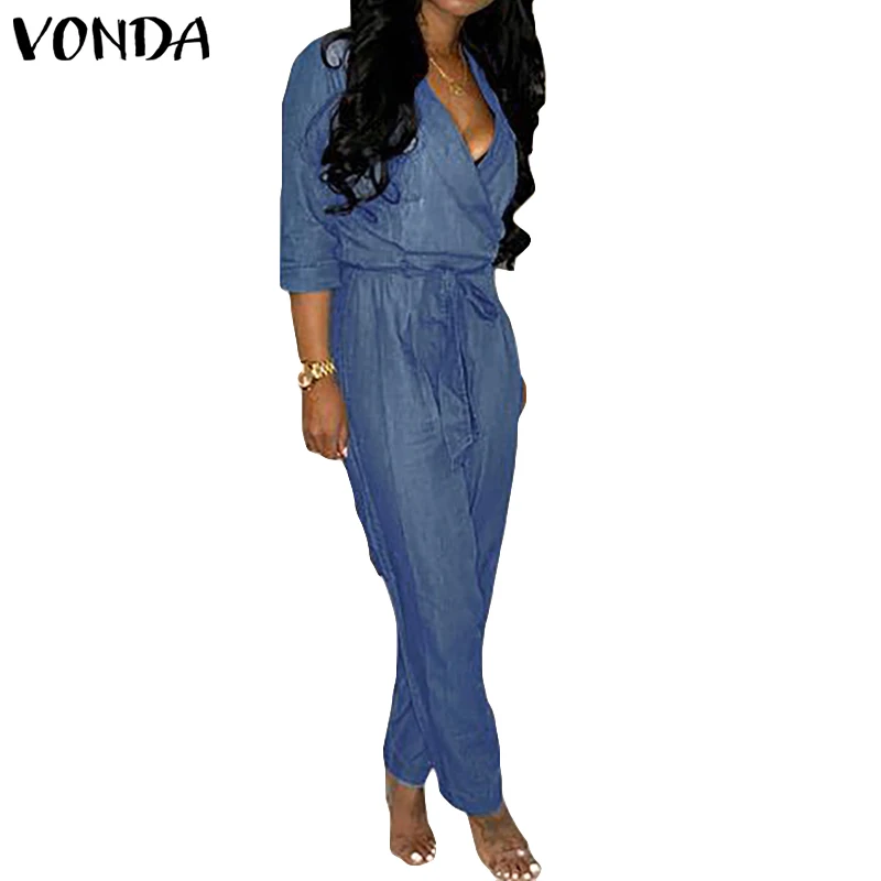 VONDA, джинсовый комбинезон, женский комбинезон, для офиса, для девушек, брюки, сексуальный, v-образный вырез, пляжный костюм,, летний, для женщин, повседневный комбинезон размера плюс