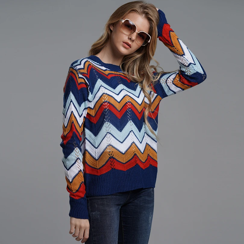 Осенний женский свитер в полоску геометрический Радужный джемпер пуловеры |