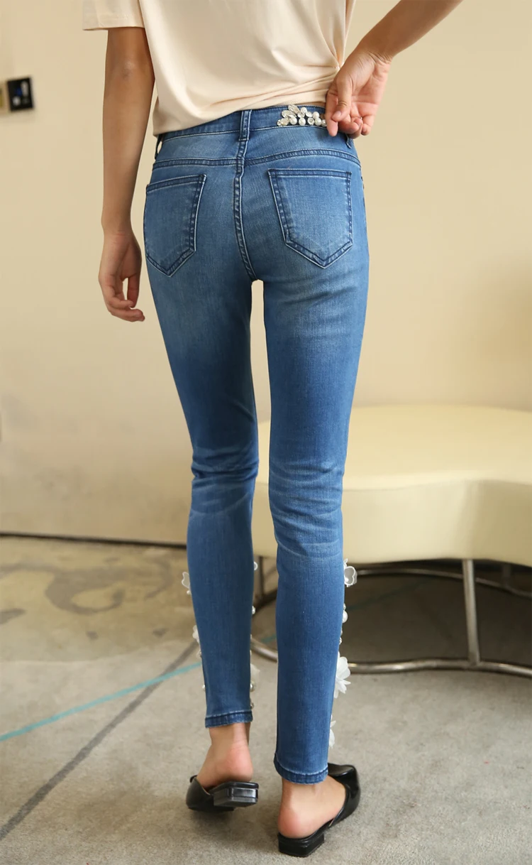 Новинка 2019 брюки с бисером модные женские повседневные джинсовые Стрейчевые