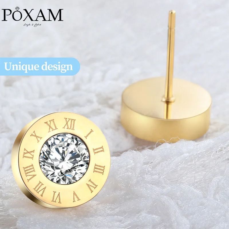 POXAM модные новые серьги гвоздики с римскими цифрами и круглыми кристаллами для