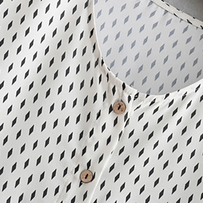 Women Geometric Print Loose Blouse V Neck Long Sleeve Asymmetrical Design Pleated Shirts Female Casual White Tops FFZSY105 |