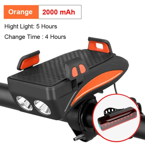 2000 Orang taillight NEWBOLER велосипедный фонарь с зарядным аккумулятором, USB Перезаряжаемый фонарик, держатель для телефона, велосипедный фонарь, 4000 мАч, велосипедный рог, светодиодный свет - Color: 2000 Orang taillight