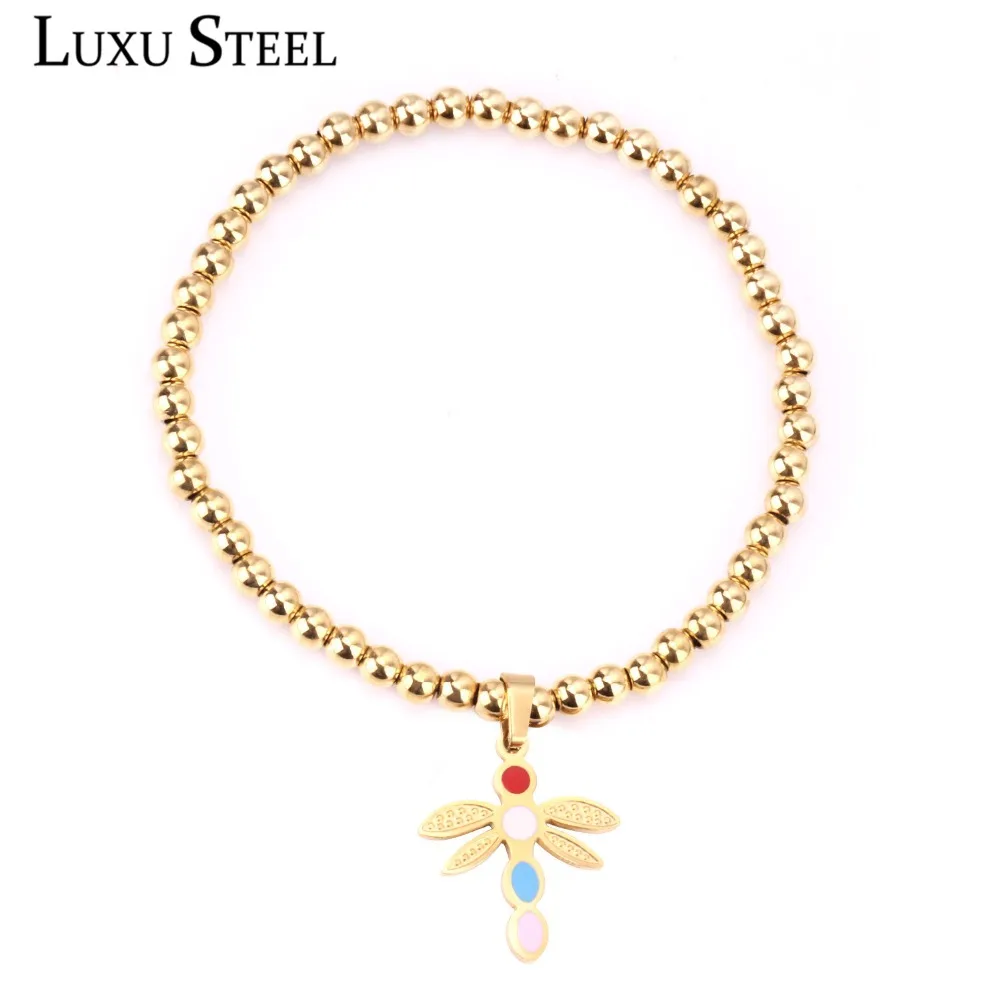 

Ч Сталь Регулируемый золотой шар бусы Браслеты Нержавеющая сталь Сталь нитка Браслеты с милой кулоны в форме стрекозы Для женщин Accessoreies