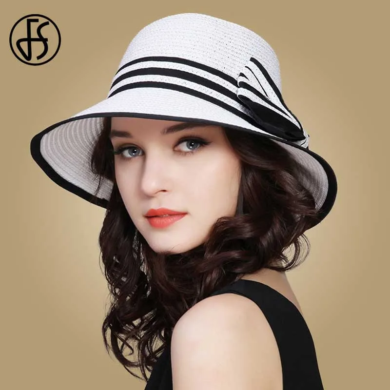 Женская соломенная шляпа FS летняя пляжная складная с широкими полями и бантом