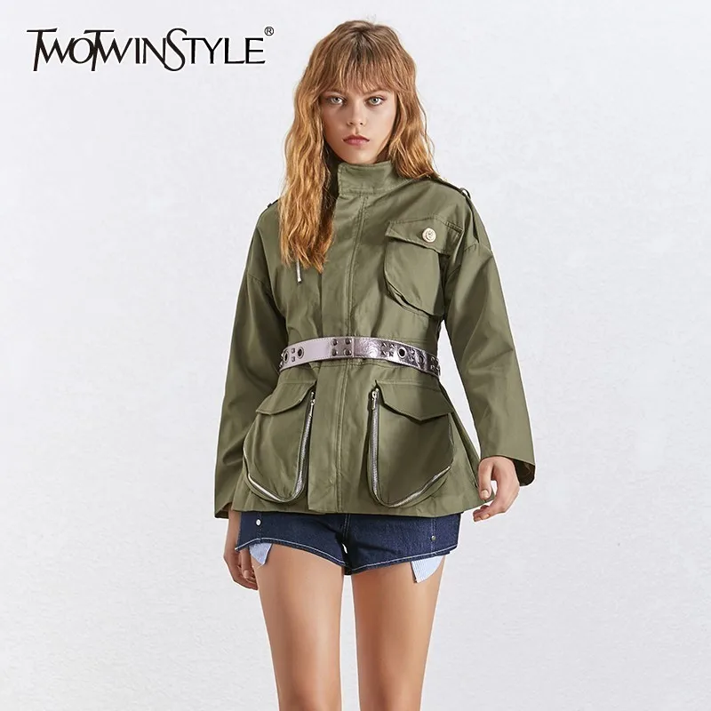 TWOTWINSTYLE, летняя куртка, пальто для женщин, воротник с лацканами, длинный рукав, молния, пояс, тонкие карманы, пальто, одежда для женщин,, модная новинка