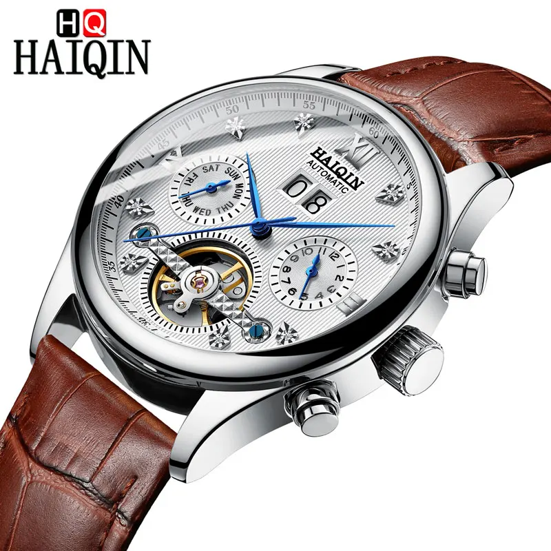 Brown-silver-L HAIQIN Мужские часы Роскошные деловые автоматические механические часы мужские кожаные водонепроницаемые мужские наручные часы ch календарь с автоматическим заводом часы - Цвет: Brown-silver-L