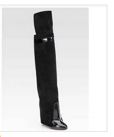 long black suede Сезон осень-зима; Лидер продаж; черные и зеленые высокие сапоги с застежкой в виде акулы; замшевые сапоги до колена на танкетке, увеличивающие рост - Цвет: long black suede