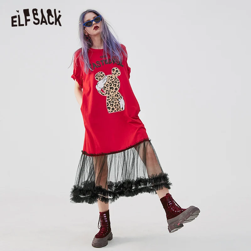 ELFSACK, женские платья с буквенным и леопардовым принтом, модные кружевные лоскутные платья с круглым вырезом, а-силуэт, женская одежда, летнее Сетчатое праздничное платье