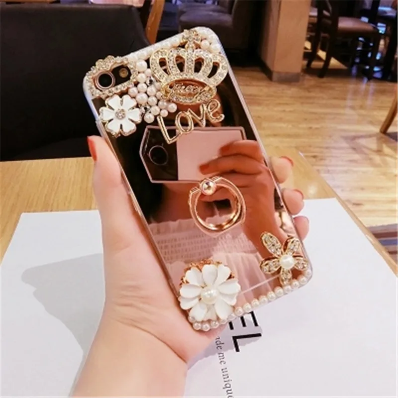 XSMYiss Mirror Pearl crown rhinestone Shiny case For iPhone 11 Pro Max 5 5S 6 6S 7 8 Plus X XS XR Smart Phone cover holder |