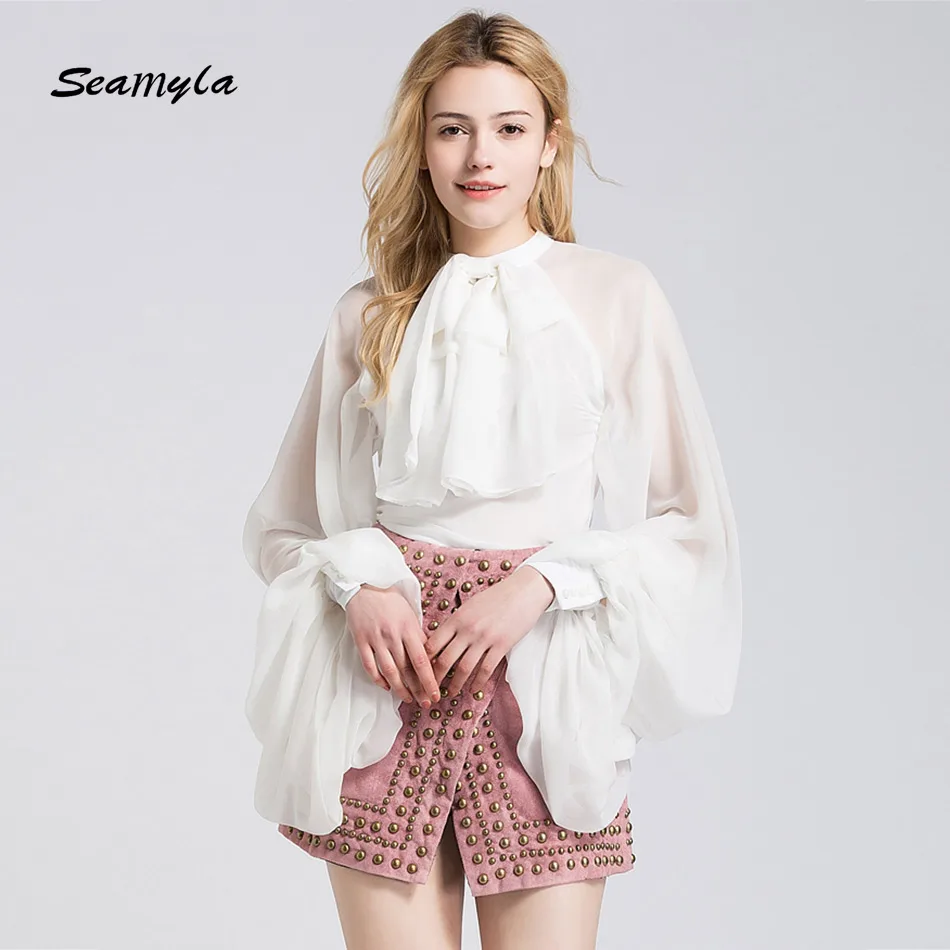 Женская блузка Seamyla белая черная элегантные шифоновые блузки с рукавом фонариком