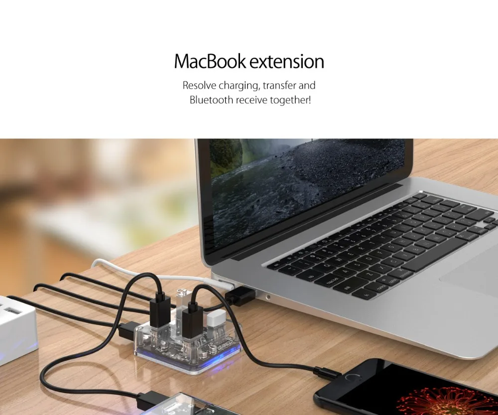 ORICO Прозрачный USB 3,0 концентратор 4 порта Высокоскоростной USB разветвитель с зарядным интерфейсом для Windows Mac Linux ноутбука ПК USB