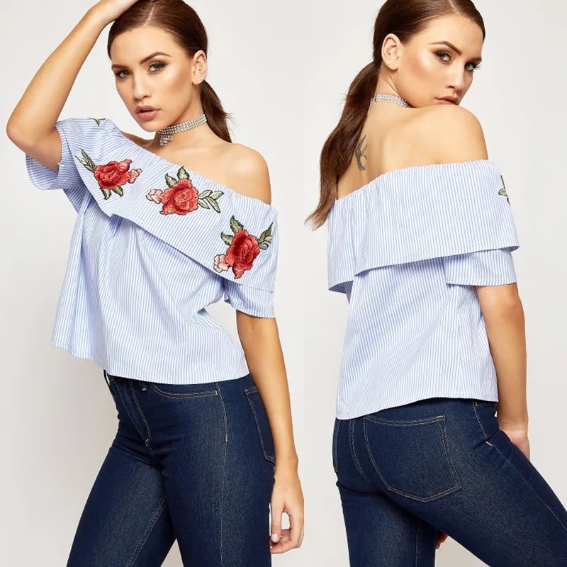 Женская футболка с вышивкой в полоску открытыми плечами и вырезом лодочкой|t-shirt