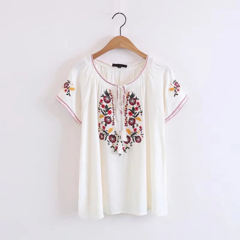 Boho тройники для женщин новые летние винтажные цветочные вышивки с коротким рукавом v-образным вырезом taseel Топ повседневные богемные праздничные женские топы