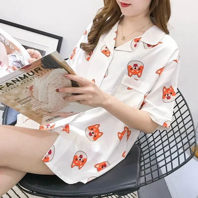 white Для женщин пижамный комплект Лето мультфильм Harajuku Шиба ину печатных Kawaii Пижама корейской японского аниме собака Пижама Mujer шелк Sleeepwear - Цвет: white