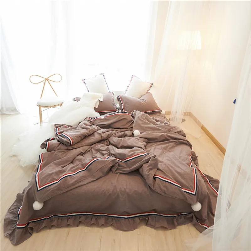 

4Pcs Washed Cotton Yarn Dyed Pure Bedding Set coloured ribbon Lovely ball Duvet cover set Bed Sheet Pillowcases Queen King size