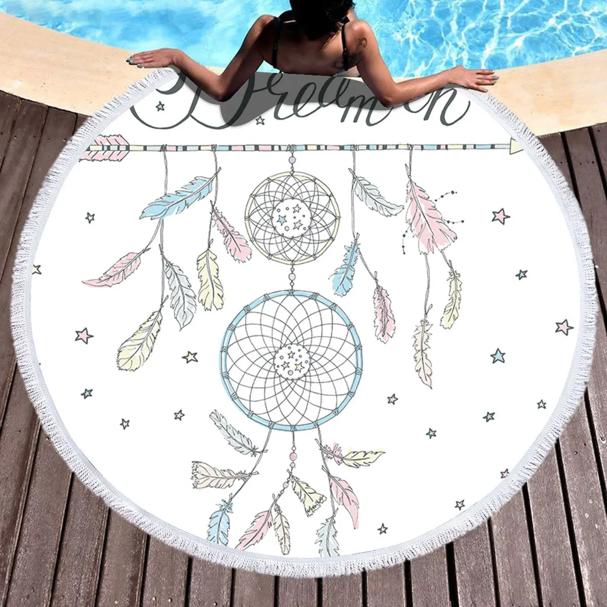 Круглое пляжное полотенце с кисточками Ловец снов печать микрофибра 150 см для