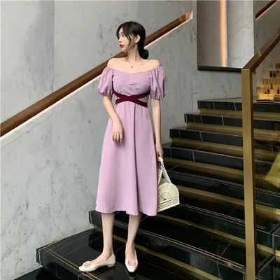 light Purple Платье с повязкой для девочек, лето, новая женская одежда, Ретро стиль, сплошной цвет, Пышный рукав бант, галстук, платья для женщин, вечерние - Цвет: light Purple