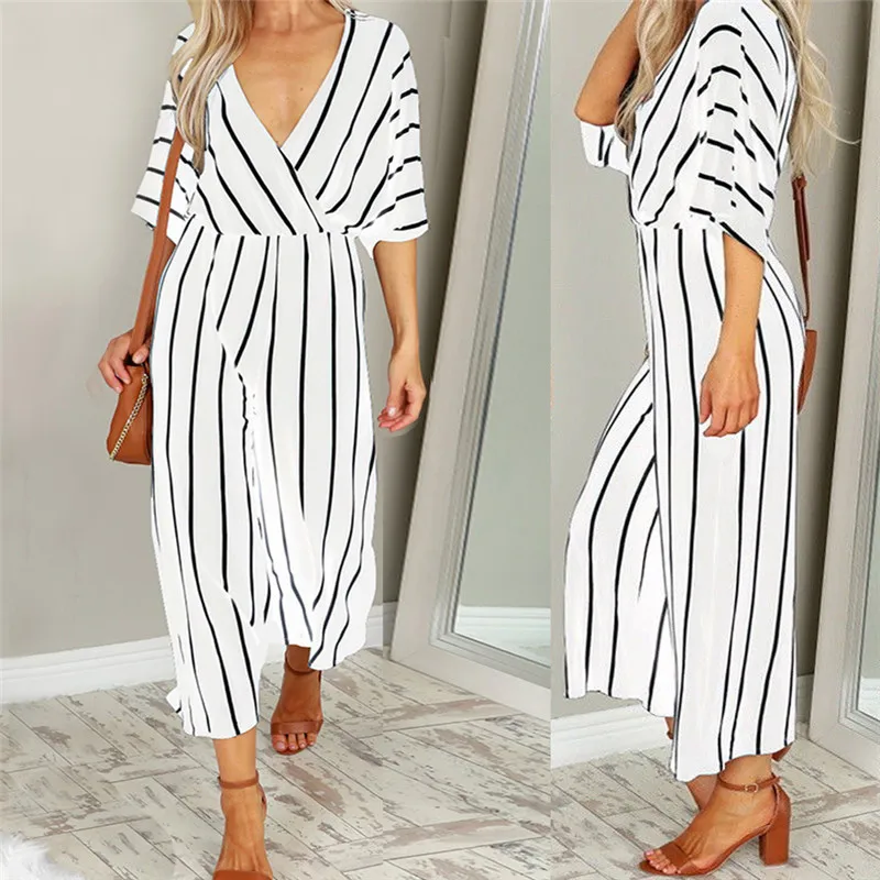 

New Fashion Womens Short Sleeve Striped Loose Jumpsuits Ladies Casual Trousers Female Summer V-Neck Rompers