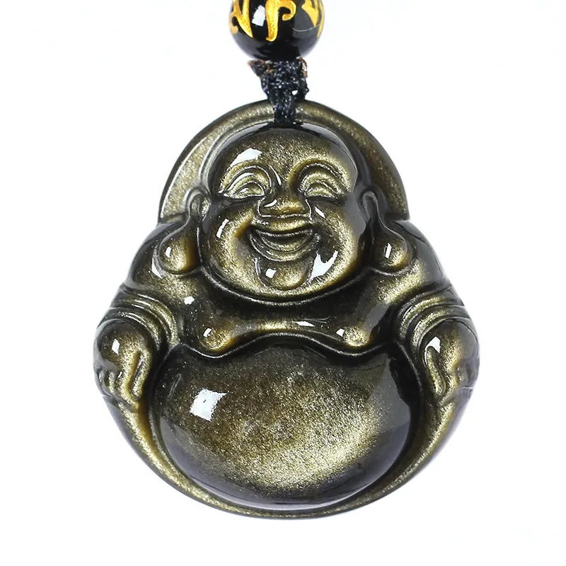Natural Stone Men Pendant Buddha Obsidian Gold Big Belly Laughing Buddha Women Long Pendant For Necklace  Jewelry Couple