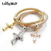 longway new gold color cross charm bracelets bangles 3pcs multilayer crystal bracelets for women vintage jewellery sbr150380