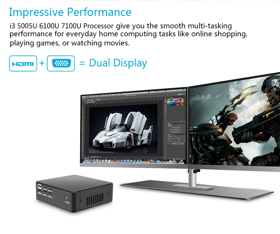 HLY Мини ПК Intel Core i3 5005U 6100U 7100U DDR3 Оперативная память Мини компьютер Windows 10 Wi-Fi HDMI USB настольный компьютер i3 ПК