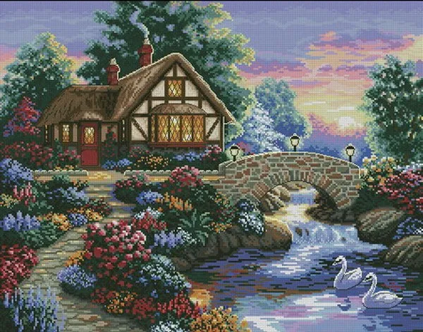 Высокое качество красивый милый Счетный крест набор озеро дом домик лебедь мост |