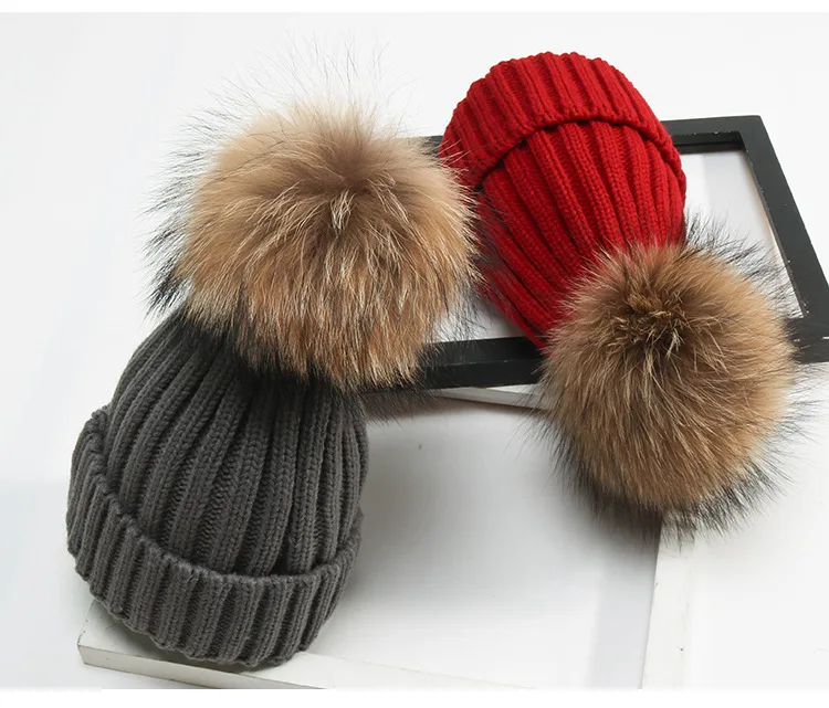 DANKEYISI зимняя детская шапка Skullies Beanies для мальчиков и девочек, меховая шапка с помпонами из натурального енота, Детские Вязанные Трикотажные Шапочки