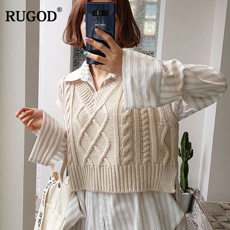 RUGOD 2019 New WinterEngland Style Pullovers fashion wild diamond-shaped twist woven V-neck wool short vest sweater women | Женская