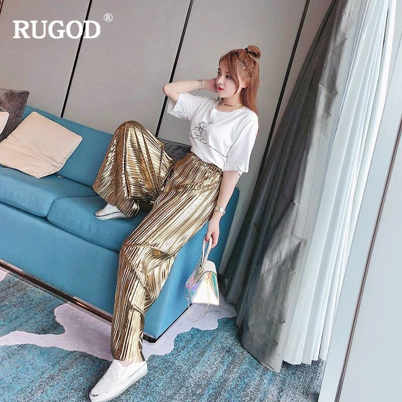 Женские плиссированные брюки RUGOD золотистые серебристые с высокой талией и